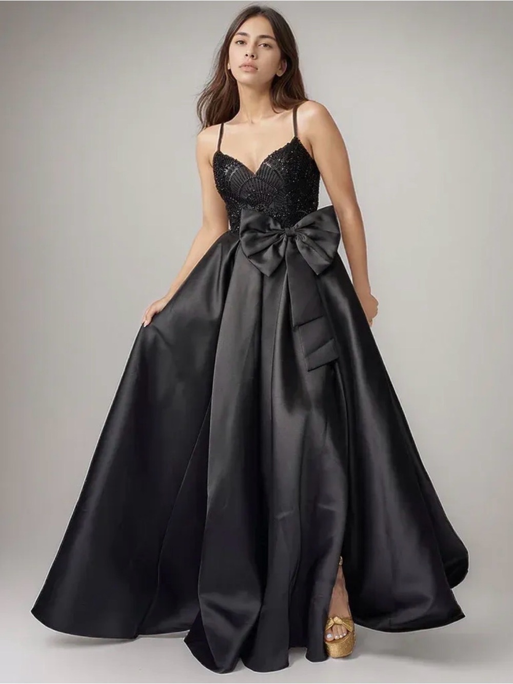 Jovani Black Sleeveless A-Line with Embellished Bodice Beaded Satin Maxi Gown